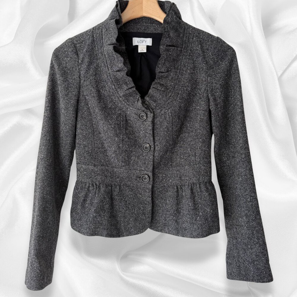 LOFT Charcoal Ruffle Collar Peplum Blazer | Victorian-Inspired Jacket Size 0Dr